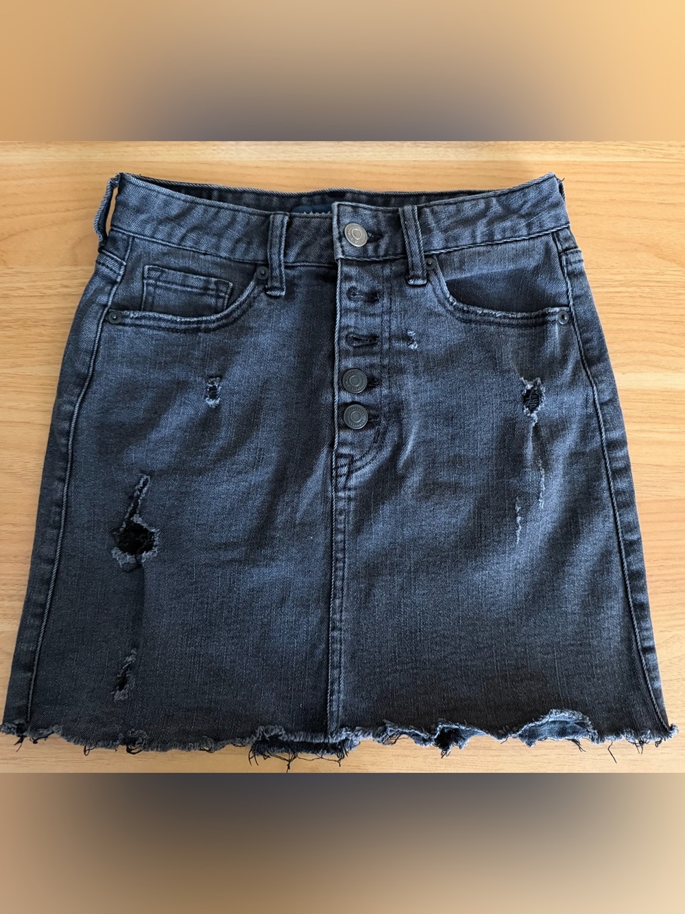 Aeropostale Black Denim Skirt Size 00 Button Fly Distressed Raw Hem Mini Jean